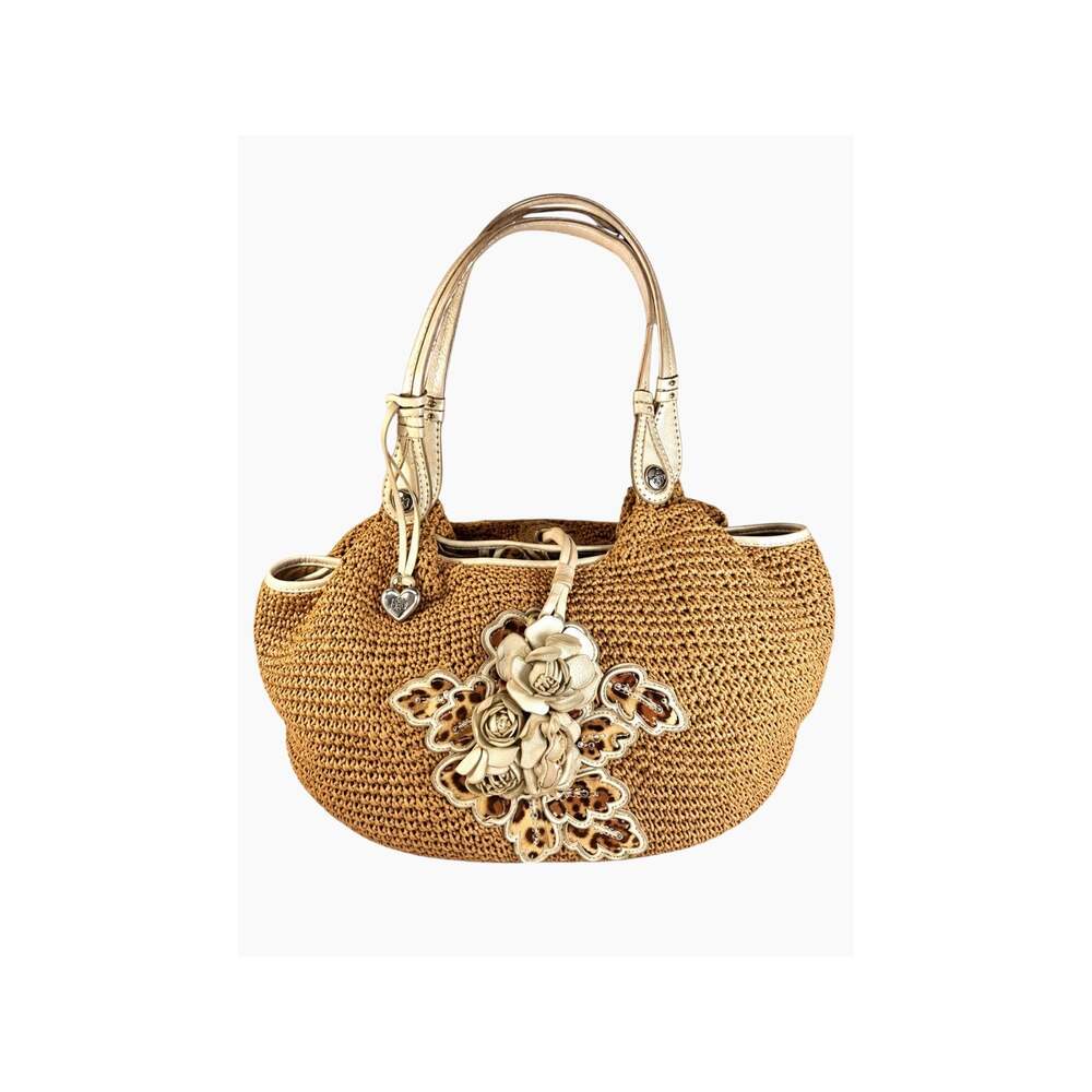 Brighton Woven Raffia Straw Floral Shoulder Bag Leather Zebra Lining